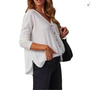 Vici White V-Neck Waffle Button-Up Top